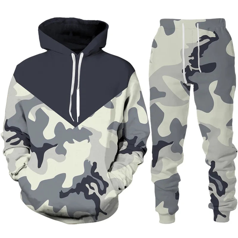 Men's Camouflage Hoodie Pant Suit 3D Print Hooded Sweatshirt Casual Outdoor Tracksuit Outfits Oversized Men's Clothing 2pcs Sets