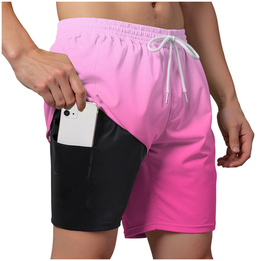 Men’s Double Layer Swim Trunks – Quick-Dry Gradient Shorts with Built-in Compression Liner