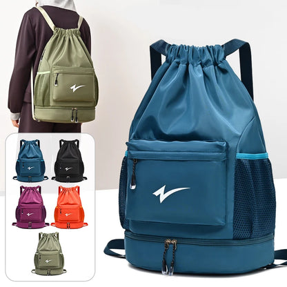 Lightweight Drawstring Gym Backpack with Shoe Compartment & Multi Pockets