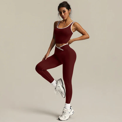 Gym Set Sports Two Pices Suit Fitness Vest Contrasting Color High Waist Leggings Sportswear Running Training Yoga Clothing