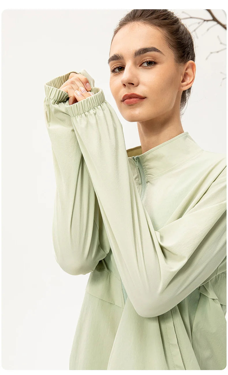 Women Loose Sports Wind Jacket Zip Up Stand Collar Lightweight Outdoor Yoga Running Fitness Workout Coat