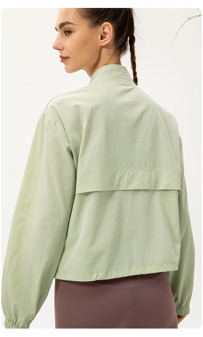 Women Loose Sports Wind Jacket Zip Up Stand Collar Lightweight Outdoor Yoga Running Fitness Workout Coat