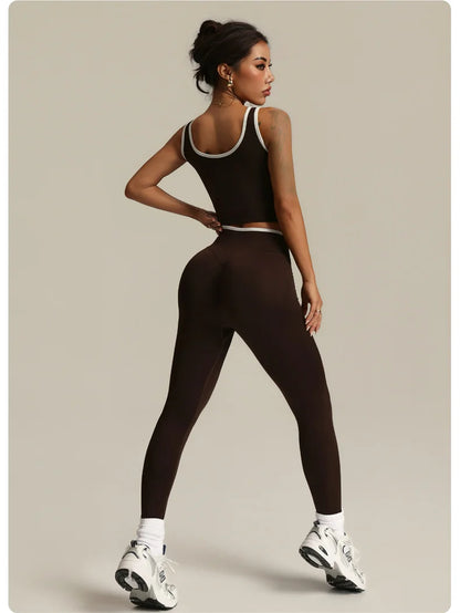 Gym Set Sports Two Pices Suit Fitness Vest Contrasting Color High Waist Leggings Sportswear Running Training Yoga Clothing