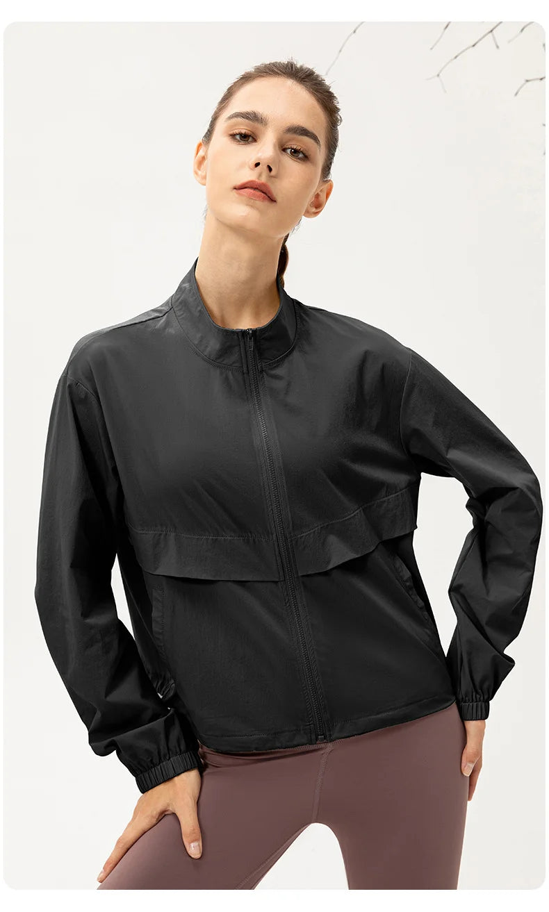Women Loose Sports Wind Jacket Zip Up Stand Collar Lightweight Outdoor Yoga Running Fitness Workout Coat