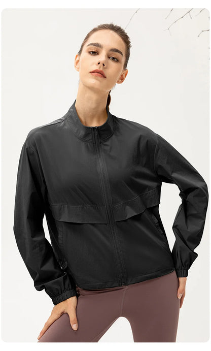 Women Loose Sports Wind Jacket Zip Up Stand Collar Lightweight Outdoor Yoga Running Fitness Workout Coat