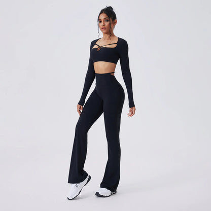 Women’s SculptFit Yoga Set – Long Sleeve Top & High-Waist Flared Pants (2-Piece Activewear)