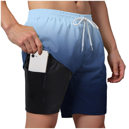 Men’s Double Layer Swim Trunks – Quick-Dry Gradient Shorts with Built-in Compression Liner