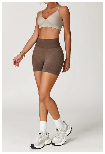 Women’s High Waist Sand Washed Gym Shorts – Sculpt & Lift Fit