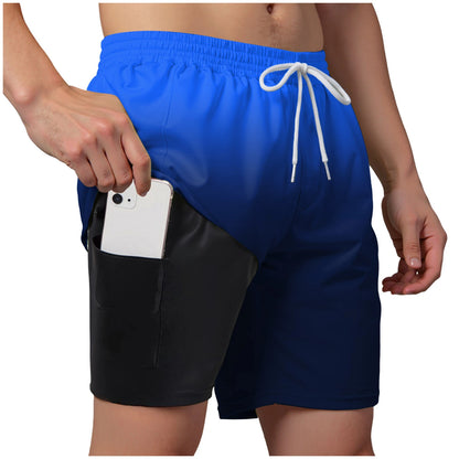 Men’s Double Layer Swim Trunks – Quick-Dry Gradient Shorts with Built-in Compression Liner