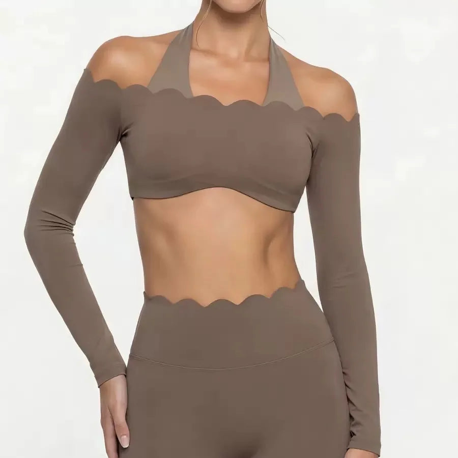 Women’s Lace Trim Yoga Set – Long Sleeve Crop Top & High Waist Leggings | Breathable Pilates & Workout Activewear