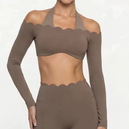 Women’s Lace Trim Yoga Set – Long Sleeve Crop Top & High Waist Leggings | Breathable Pilates & Workout Activewear