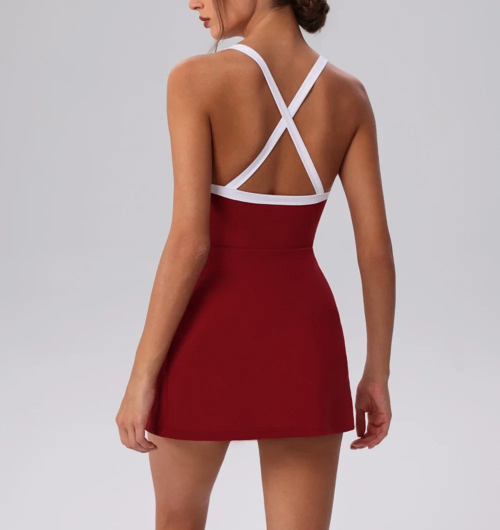 Women’s Golf & Tennis Sports Dress – Slim Fit Anti-Exposure Workout Dress with Open Back