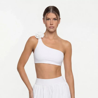 SculptFit One-Shoulder Sports Bra with 3D Floral Detail