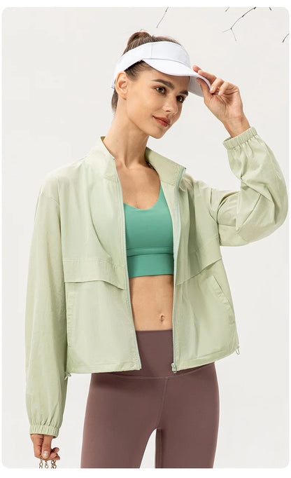 Women Loose Sports Wind Jacket Zip Up Stand Collar Lightweight Outdoor Yoga Running Fitness Workout Coat