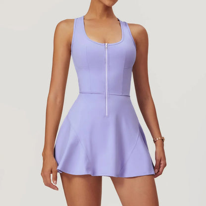 Women’s 2-in-1 Tennis Dress & Shorts Set – Sleeveless Half Zip Workout & Running Outfit