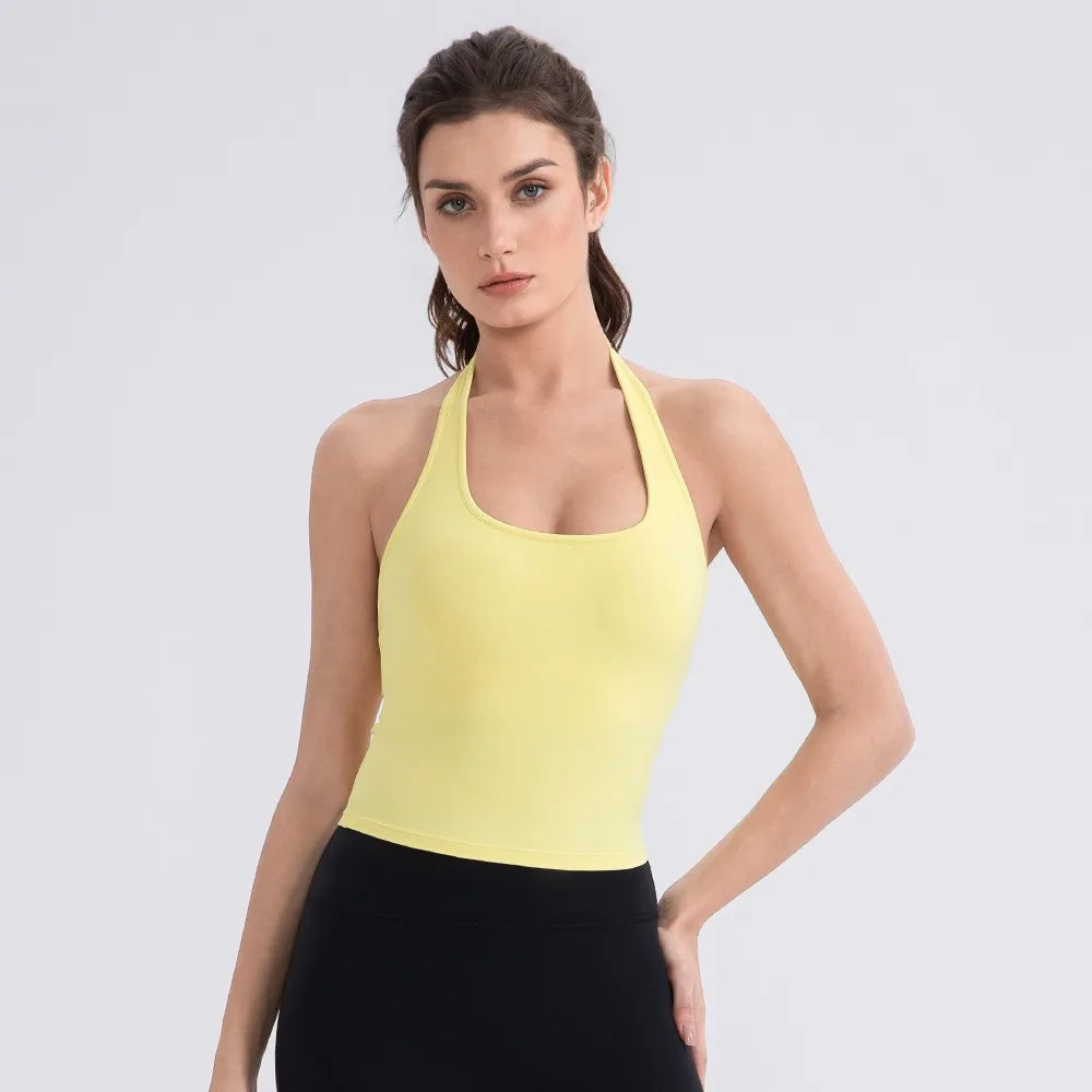 Women’s Halter Neck Backless Workout Tank with Built-In Bra – Seamless Yoga & Running Top