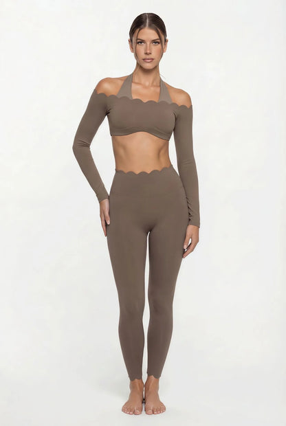 Women’s Lace Trim Yoga Set – Long Sleeve Crop Top & High Waist Leggings | Breathable Pilates & Workout Activewear
