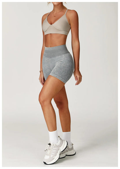 Women’s High Waist Sand Washed Gym Shorts – Sculpt & Lift Fit