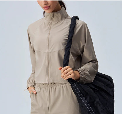 Women's Athletic Workout Running Track Full Zip Cropped Jackets UPF 50+ Sun Protection Long Sleeve Workout Shirts Yoga Gym Top