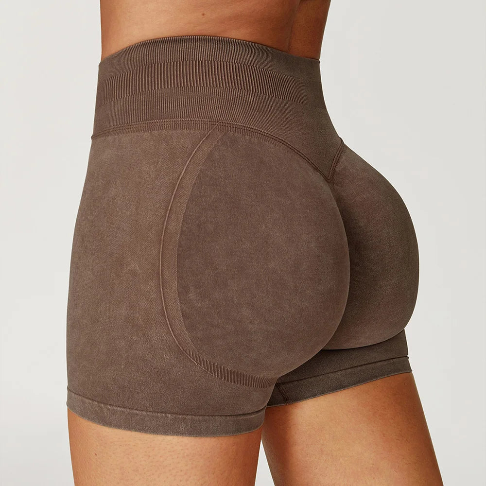 Women’s High Waist Sand Washed Gym Shorts – Sculpt & Lift Fit