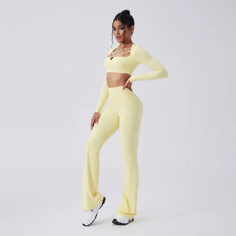 Women’s SculptFit Yoga Set – Long Sleeve Top & High-Waist Flared Pants (2-Piece Activewear)