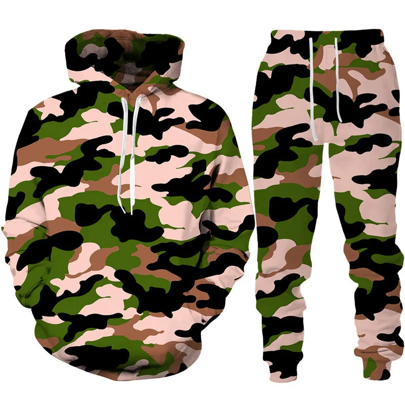 Men's Camouflage Hoodie Pant Suit 3D Print Hooded Sweatshirt Casual Outdoor Tracksuit Outfits Oversized Men's Clothing 2pcs Sets