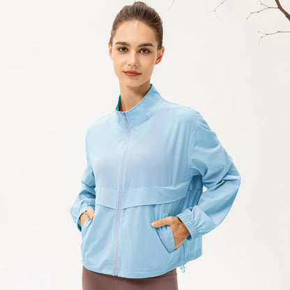 Women Loose Sports Wind Jacket Zip Up Stand Collar Lightweight Outdoor Yoga Running Fitness Workout Coat