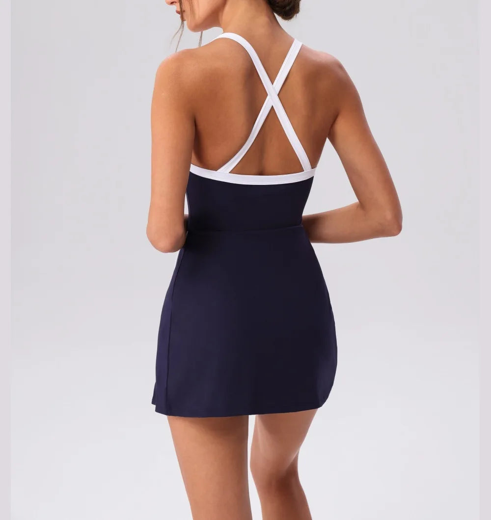 Women’s Golf & Tennis Sports Dress – Slim Fit Anti-Exposure Workout Dress with Open Back