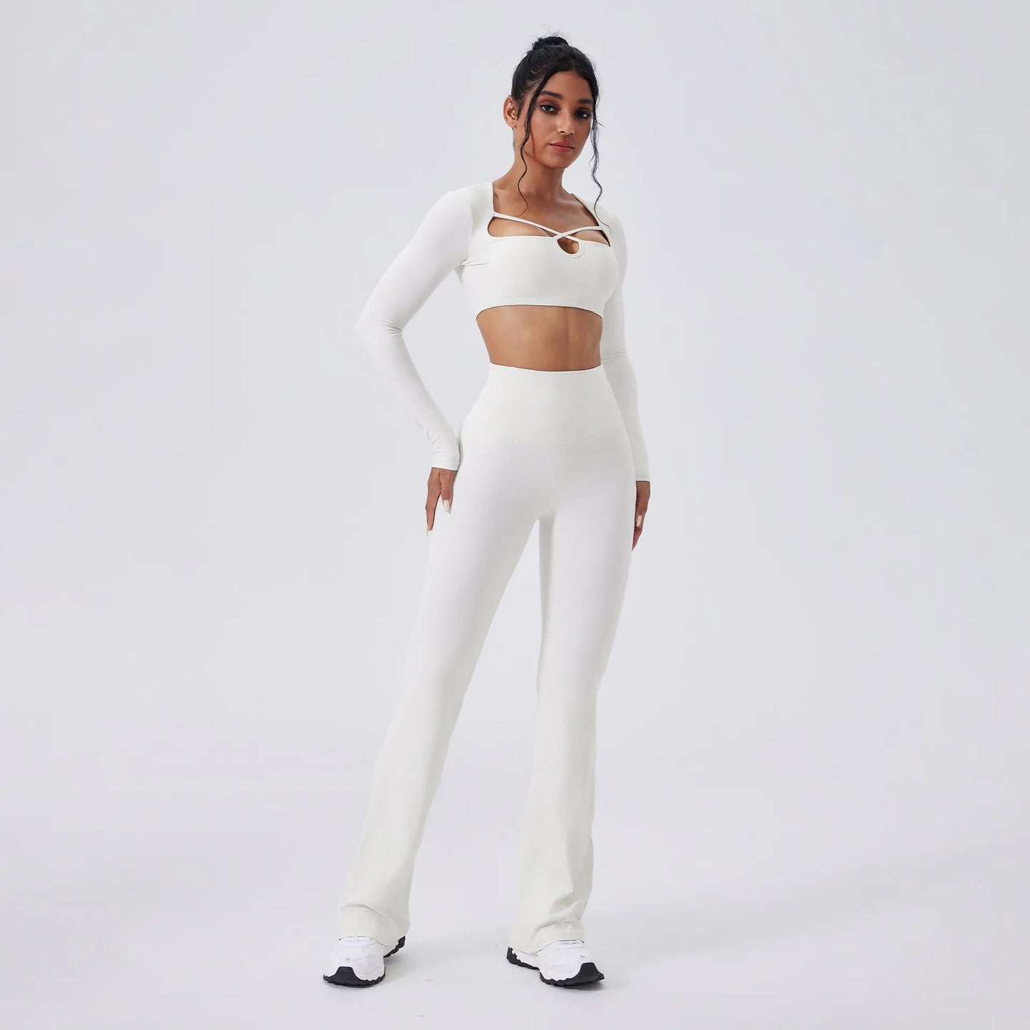 Women’s SculptFit Yoga Set – Long Sleeve Top & High-Waist Flared Pants (2-Piece Activewear)