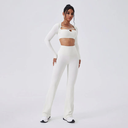 Women’s SculptFit Yoga Set – Long Sleeve Top & High-Waist Flared Pants (2-Piece Activewear)