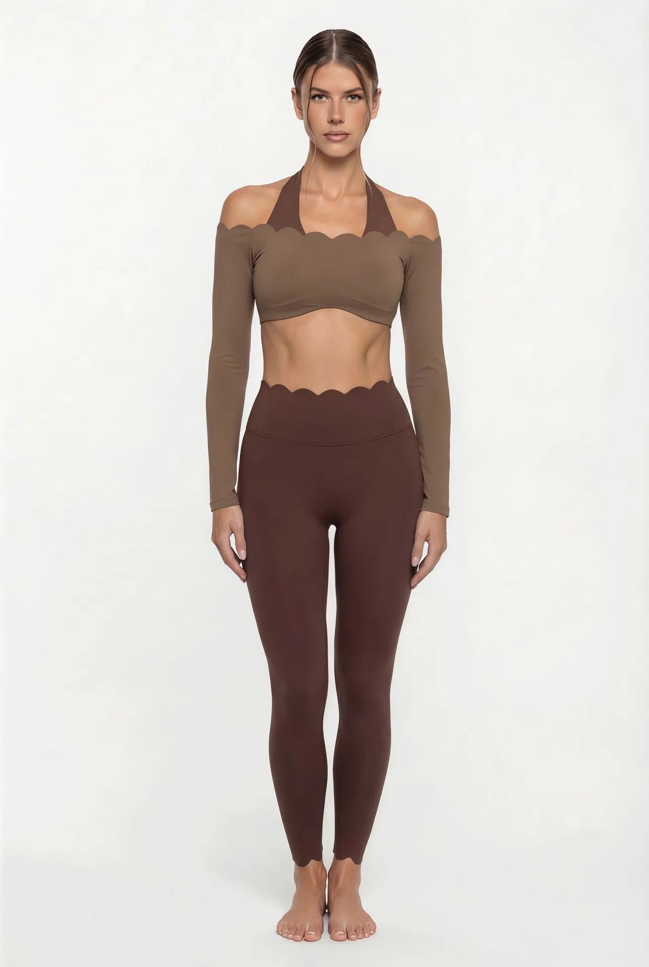 Women’s Lace Trim Yoga Set – Long Sleeve Crop Top & High Waist Leggings | Breathable Pilates & Workout Activewear