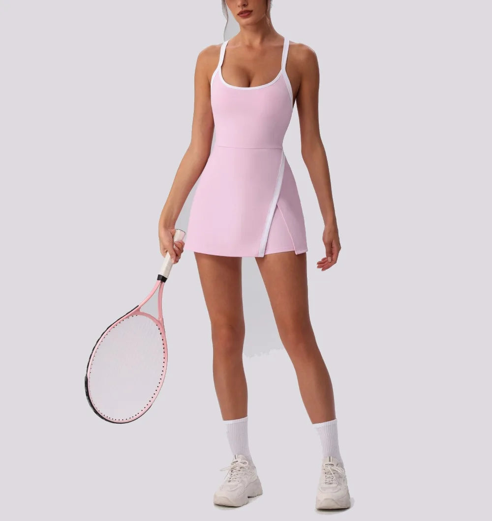 Women’s Golf & Tennis Sports Dress – Slim Fit Anti-Exposure Workout Dress with Open Back