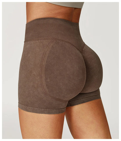 Women’s High Waist Sand Washed Gym Shorts – Sculpt & Lift Fit