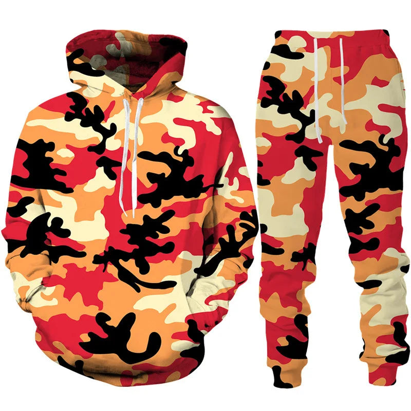 Men's Camouflage Hoodie Pant Suit 3D Print Hooded Sweatshirt Casual Outdoor Tracksuit Outfits Oversized Men's Clothing 2pcs Sets