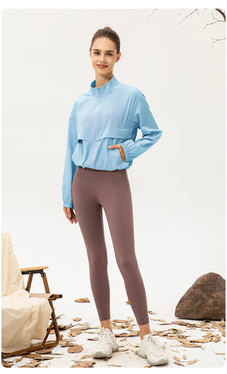 Women Loose Sports Wind Jacket Zip Up Stand Collar Lightweight Outdoor Yoga Running Fitness Workout Coat