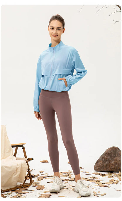 Women Loose Sports Wind Jacket Zip Up Stand Collar Lightweight Outdoor Yoga Running Fitness Workout Coat