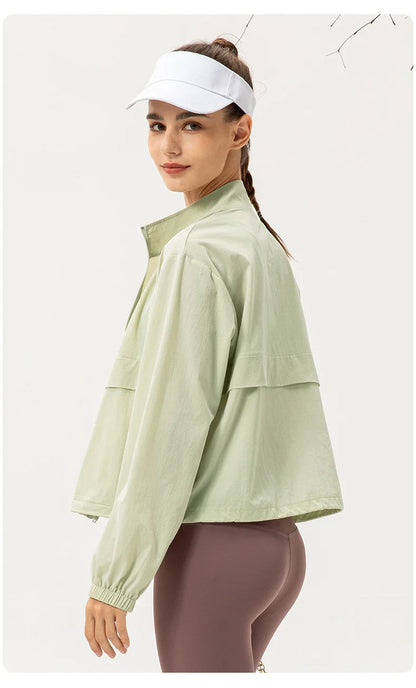 Women Loose Sports Wind Jacket Zip Up Stand Collar Lightweight Outdoor Yoga Running Fitness Workout Coat
