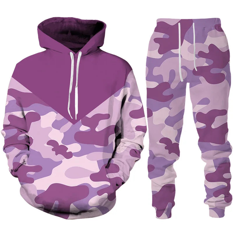 Men's Camouflage Hoodie Pant Suit 3D Print Hooded Sweatshirt Casual Outdoor Tracksuit Outfits Oversized Men's Clothing 2pcs Sets