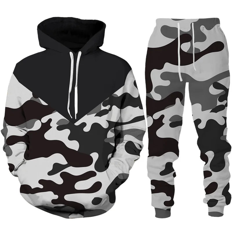 Men's Camouflage Hoodie Pant Suit 3D Print Hooded Sweatshirt Casual Outdoor Tracksuit Outfits Oversized Men's Clothing 2pcs Sets