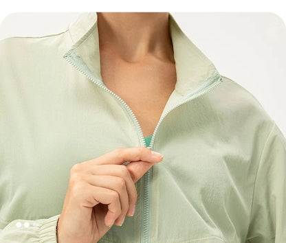 Women Loose Sports Wind Jacket Zip Up Stand Collar Lightweight Outdoor Yoga Running Fitness Workout Coat