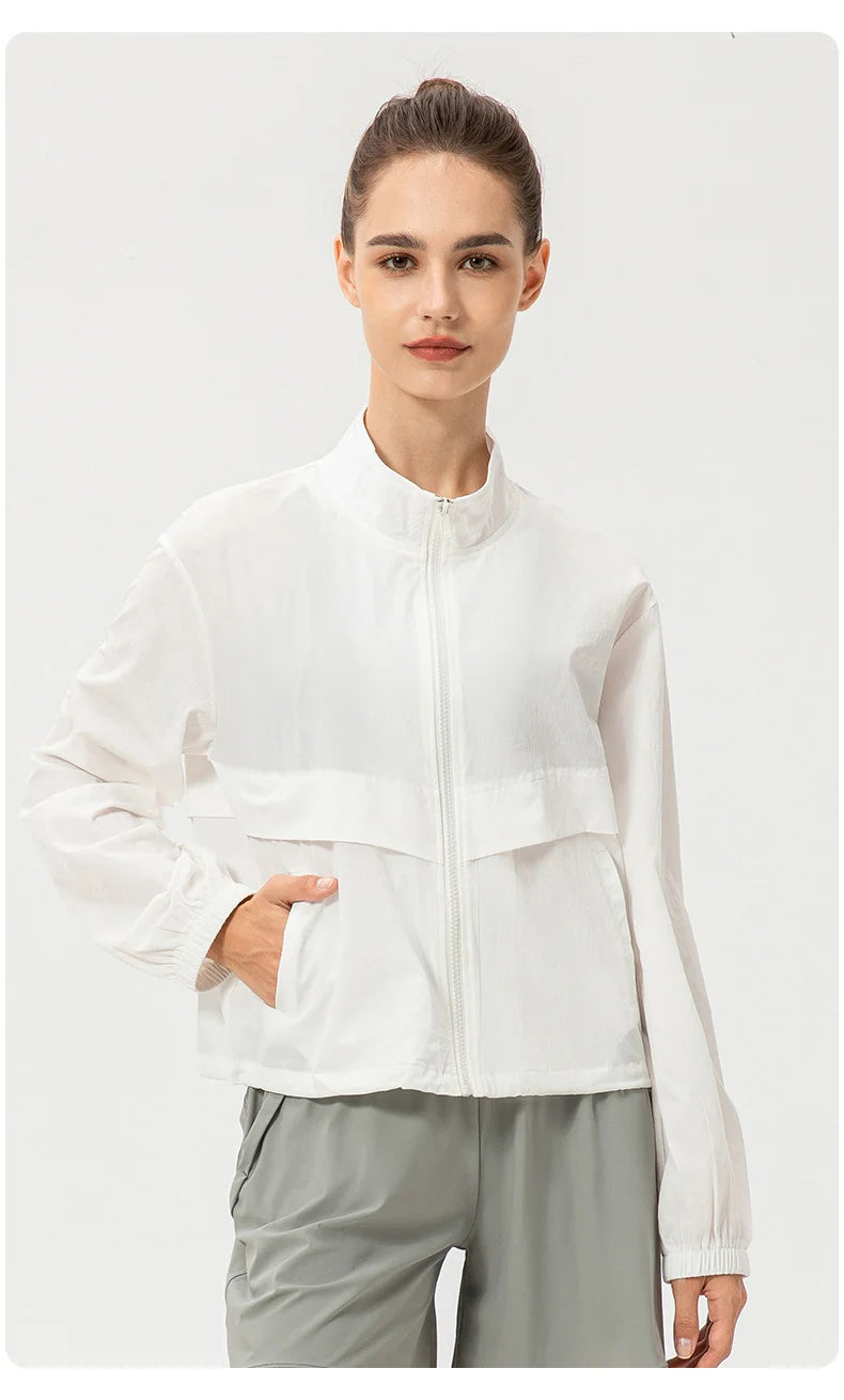 Women Loose Sports Wind Jacket Zip Up Stand Collar Lightweight Outdoor Yoga Running Fitness Workout Coat