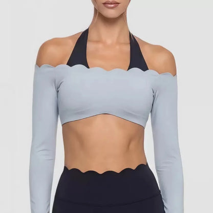 Women’s Lace Trim Yoga Set – Long Sleeve Crop Top & High Waist Leggings | Breathable Pilates & Workout Activewear