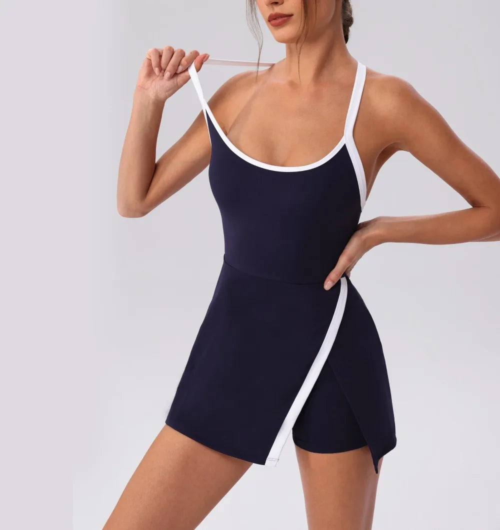 Women’s Golf & Tennis Sports Dress – Slim Fit Anti-Exposure Workout Dress with Open Back