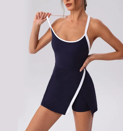Women’s Golf & Tennis Sports Dress – Slim Fit Anti-Exposure Workout Dress with Open Back