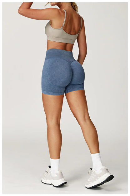 Women’s High Waist Sand Washed Gym Shorts – Sculpt & Lift Fit