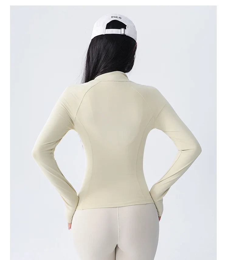 Women’s UV-Protect Slim Fit Zip Jacket – Stand Collar Long Sleeve Activewear for Gym & Running