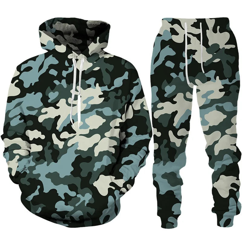 Men's Camouflage Hoodie Pant Suit 3D Print Hooded Sweatshirt Casual Outdoor Tracksuit Outfits Oversized Men's Clothing 2pcs Sets