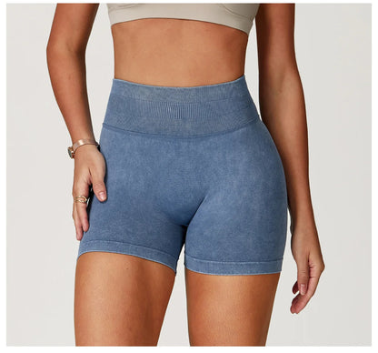 Women’s High Waist Sand Washed Gym Shorts – Sculpt & Lift Fit