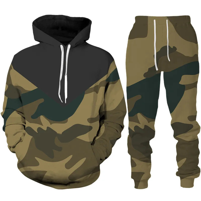 Men's Camouflage Hoodie Pant Suit 3D Print Hooded Sweatshirt Casual Outdoor Tracksuit Outfits Oversized Men's Clothing 2pcs Sets