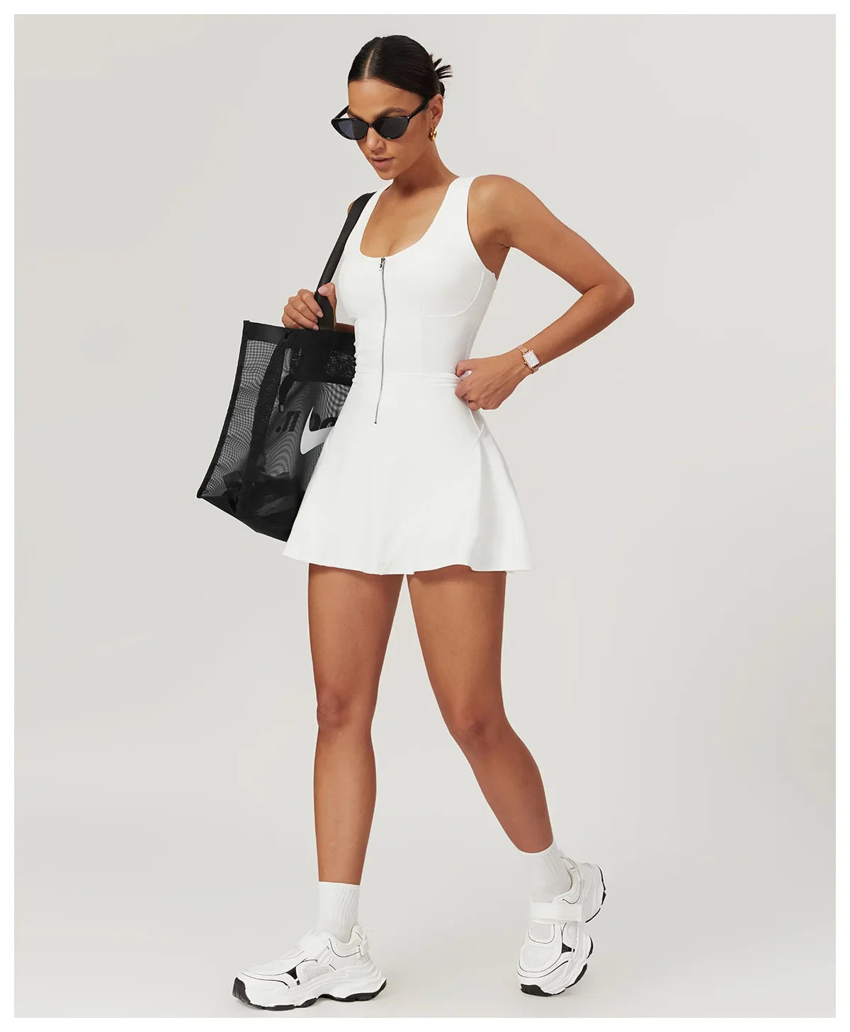 Women’s 2-in-1 Tennis Dress & Shorts Set – Sleeveless Half Zip Workout & Running Outfit
